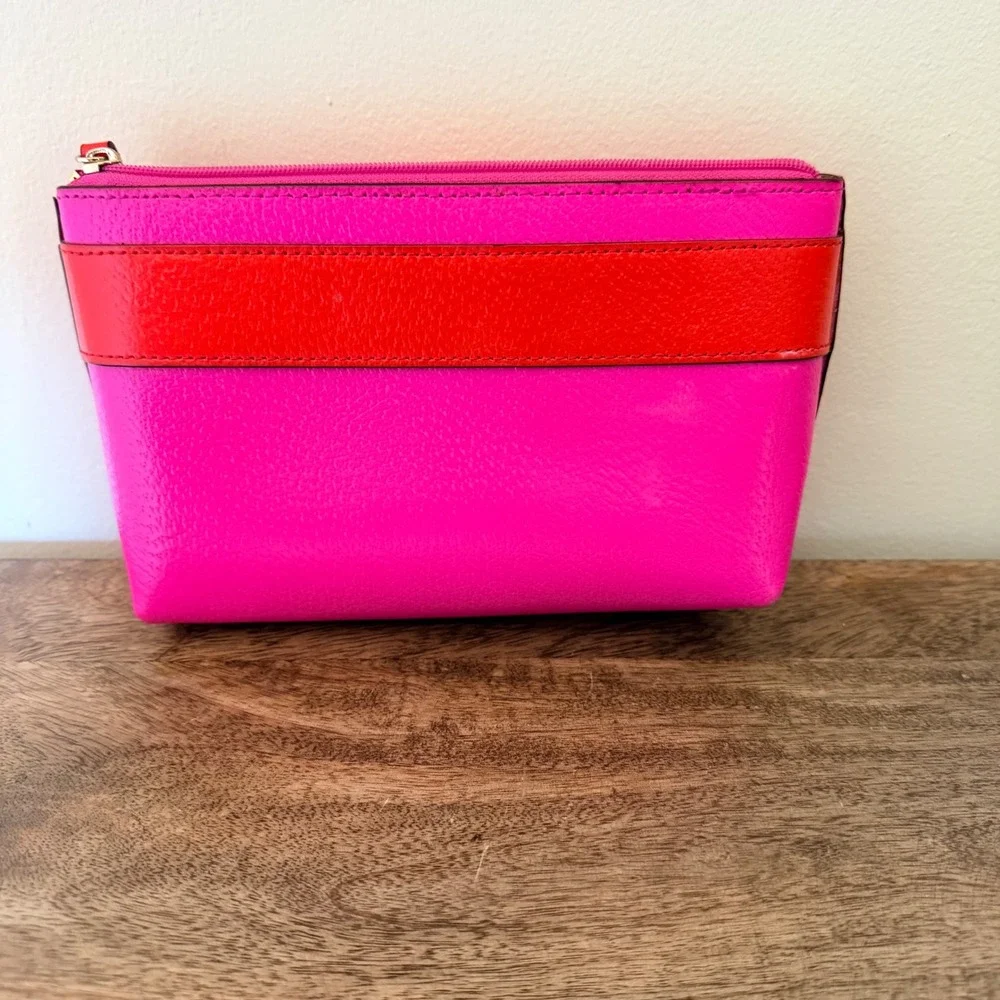 Kate Spade Kirk Park Bee Cosmetic Bag Women Pink Red Bow Colorblock Pouch Preppy